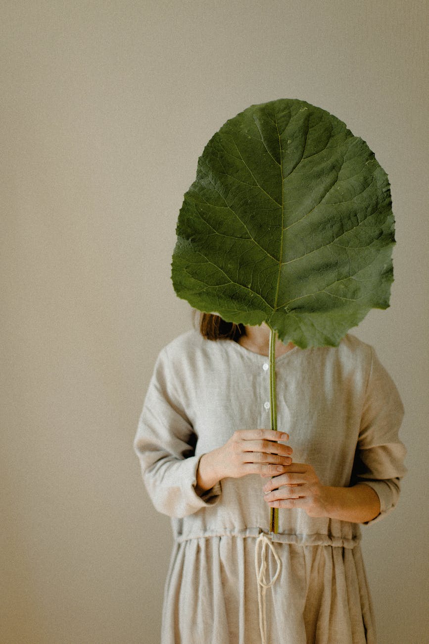 person holding a big leaf covering his face